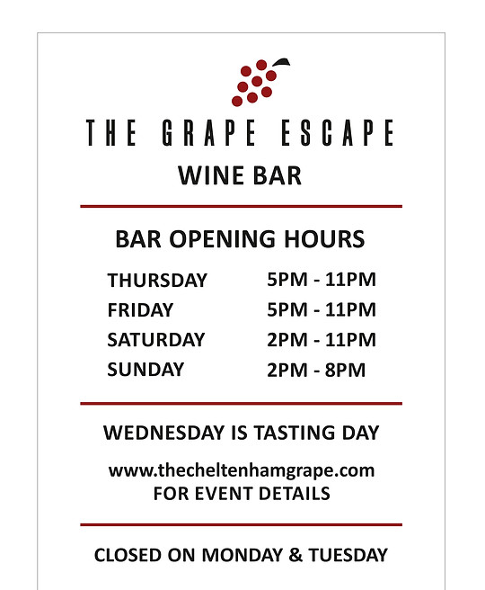OPENING HOURS THE GRAPE ESCAPE WINE BAR CHELTENHAM